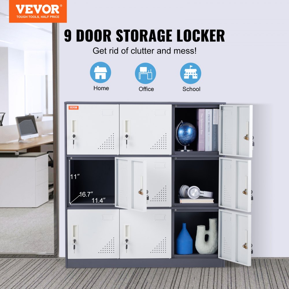 VEVOR - Taquilla metálica para empleados, 9 puertas, ranura para tarjetas, acero gris, con llave, capacidad de carga de 30 kg, ideal para el hogar, la escuela, la oficina y el gimnasio.