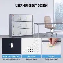 Casillero de metal VEVOR para empleados, gabinete de almacenamiento de 9 puertas con ranura para tarjeta, casilleros de acero gris para empleados con llaves, casilleros de almacenamiento de oficina de capacidad de carga de 66 libras para oficina, hogar, escuela, gimnasio