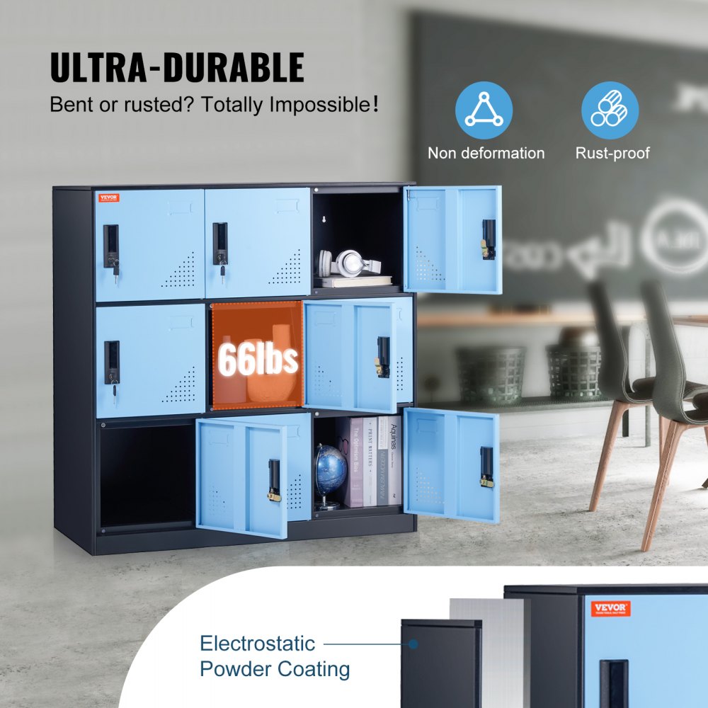 Taquilla de metal VEVOR con puertas azules, con capacidad de 66 libras, características de no deformación y a prueba de óxido.
