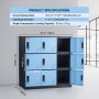 Taquilla de metal VEVOR con puertas azules, seis compartimentos y dimensiones etiquetadas para el tamaño del armario y la rejilla.