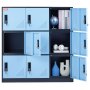 Taquilla de metal VEVOR con puertas azules, cerraduras y compartimentos abiertos para exhibir libros y decoraciones.