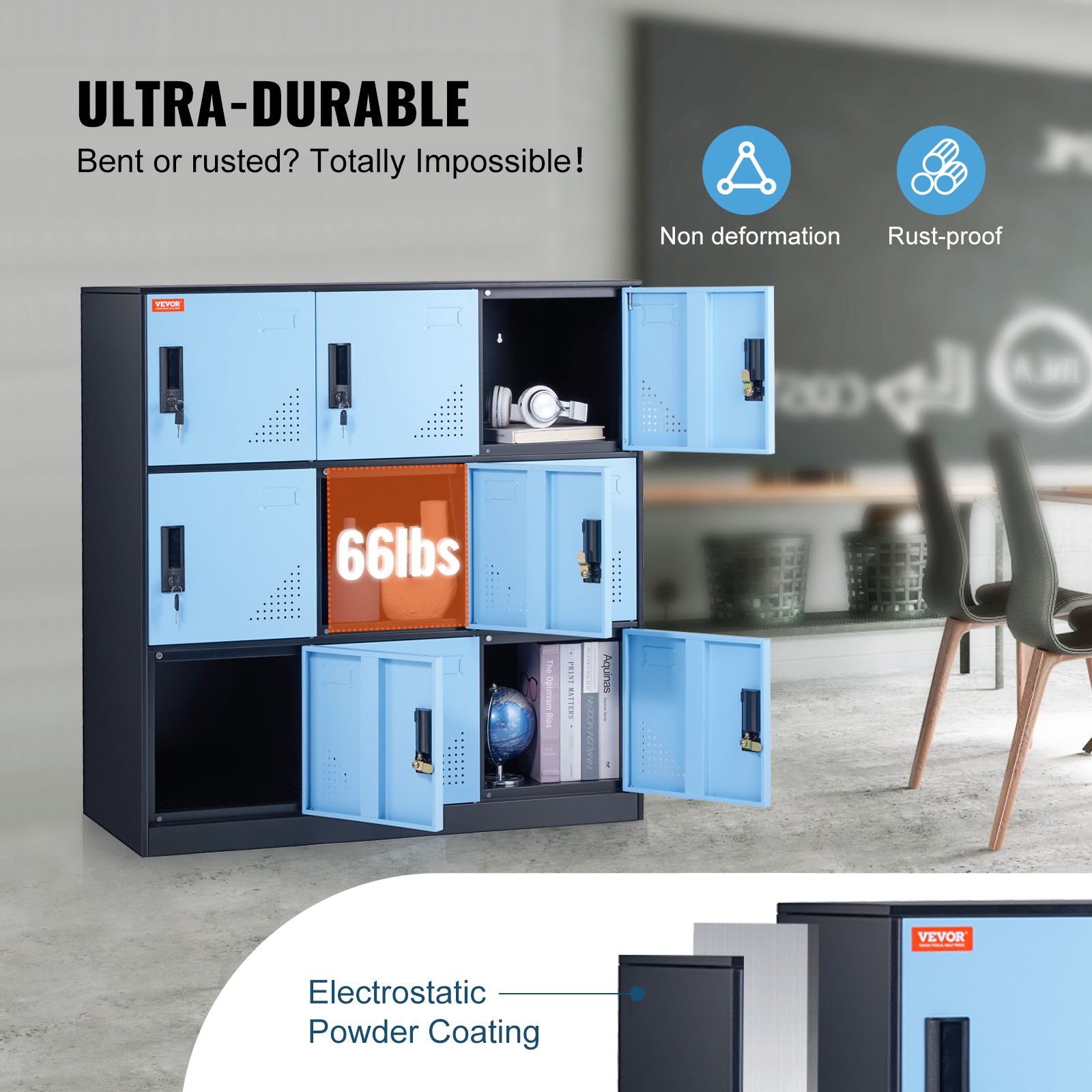 Taquilla de metal VEVOR con puertas azules, con capacidad de 66 libras, características de no deformación y a prueba de óxido.
