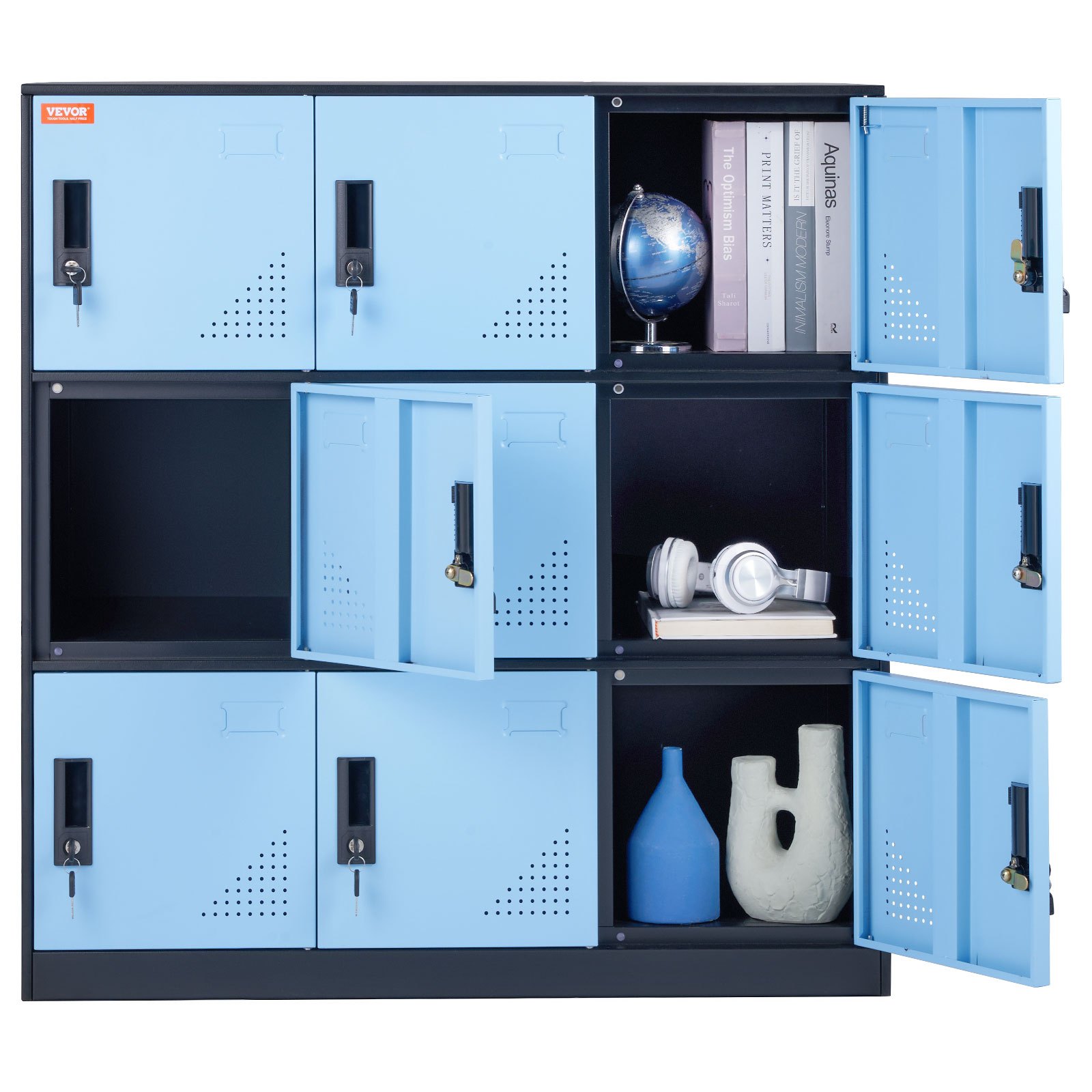 Taquilla de metal VEVOR con puertas azules, cerraduras y compartimentos abiertos para exhibir libros y decoraciones.