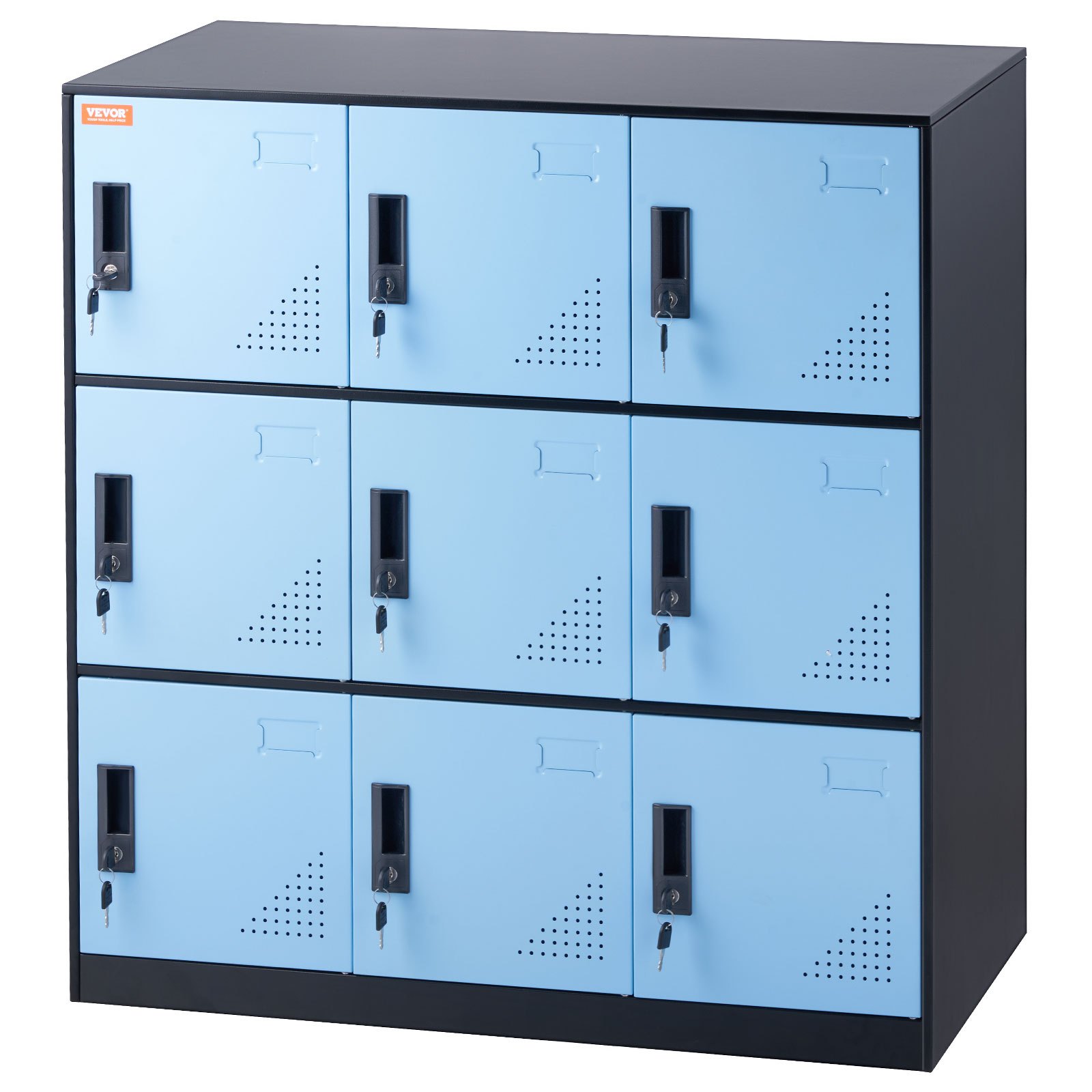 Taquilla metálica VEVOR de nueve compartimentos con puertas de color azul claro y marco negro, cada puerta con cerradura con llave.