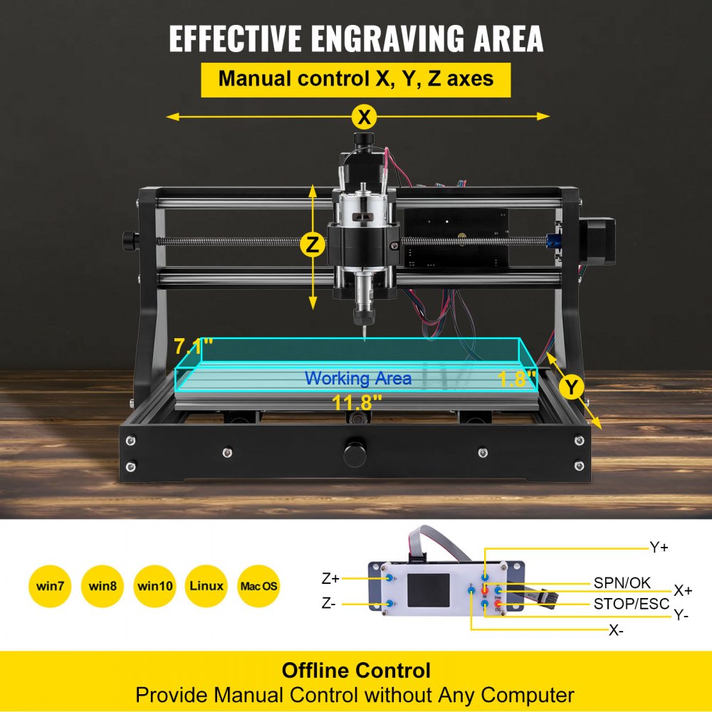 Máquina enrutadora CNC VEVOR con ejes de control manual y área de trabajo de 11,8&quot; x 7,1&quot;.