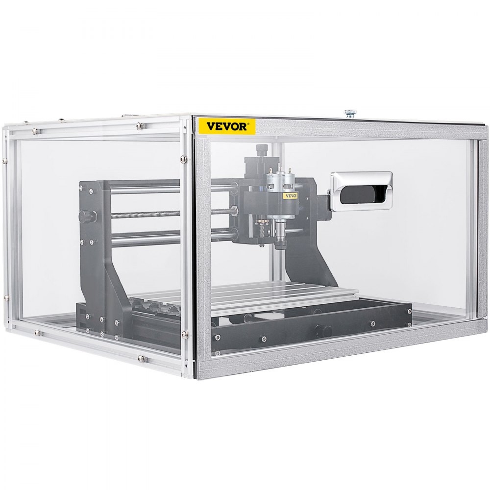 Máquina enrutadora CNC VEVOR en carcasa protectora de acrílico.