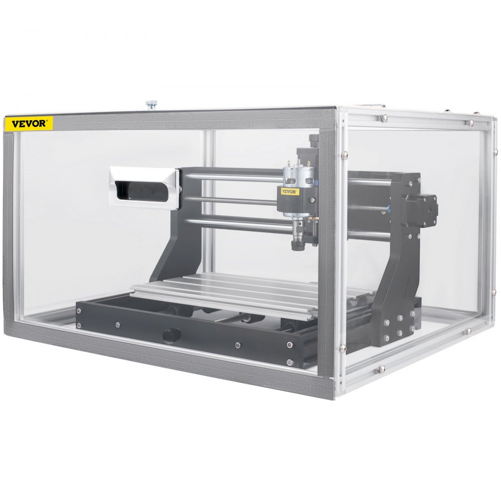 Máquina enrutadora CNC VEVOR dentro de una carcasa protectora transparente.