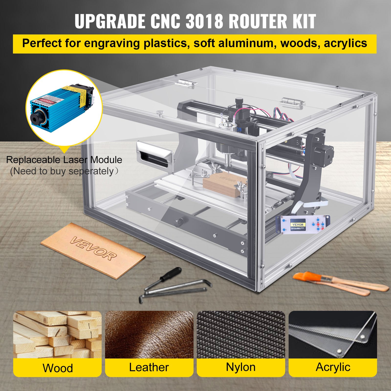 Máquina enrutadora CNC VEVOR con módulo láser, ideal para madera, cuero, nailon y acrílico.