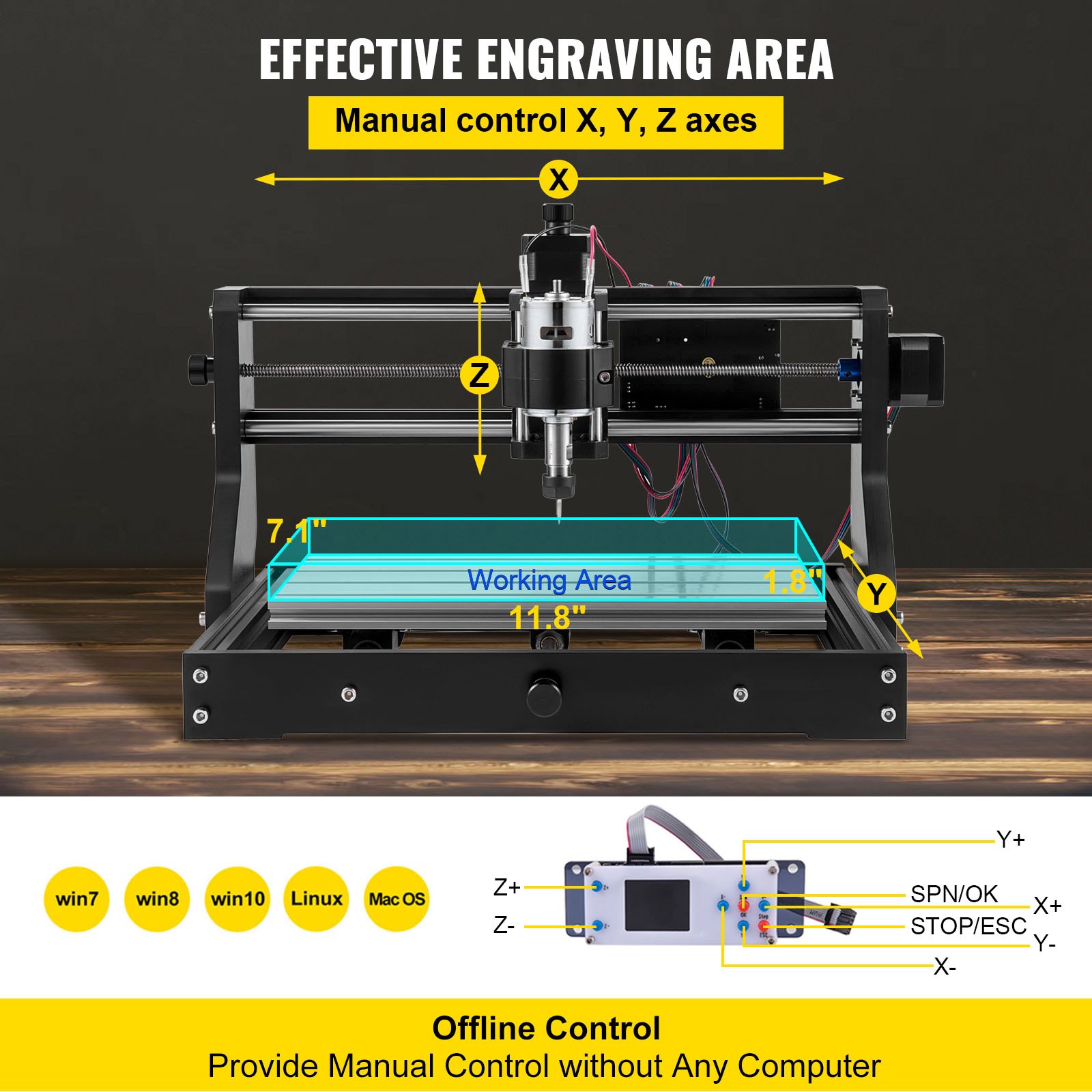 Máquina enrutadora CNC VEVOR con ejes de control manual y área de trabajo de 11,8&quot; x 7,1&quot;.