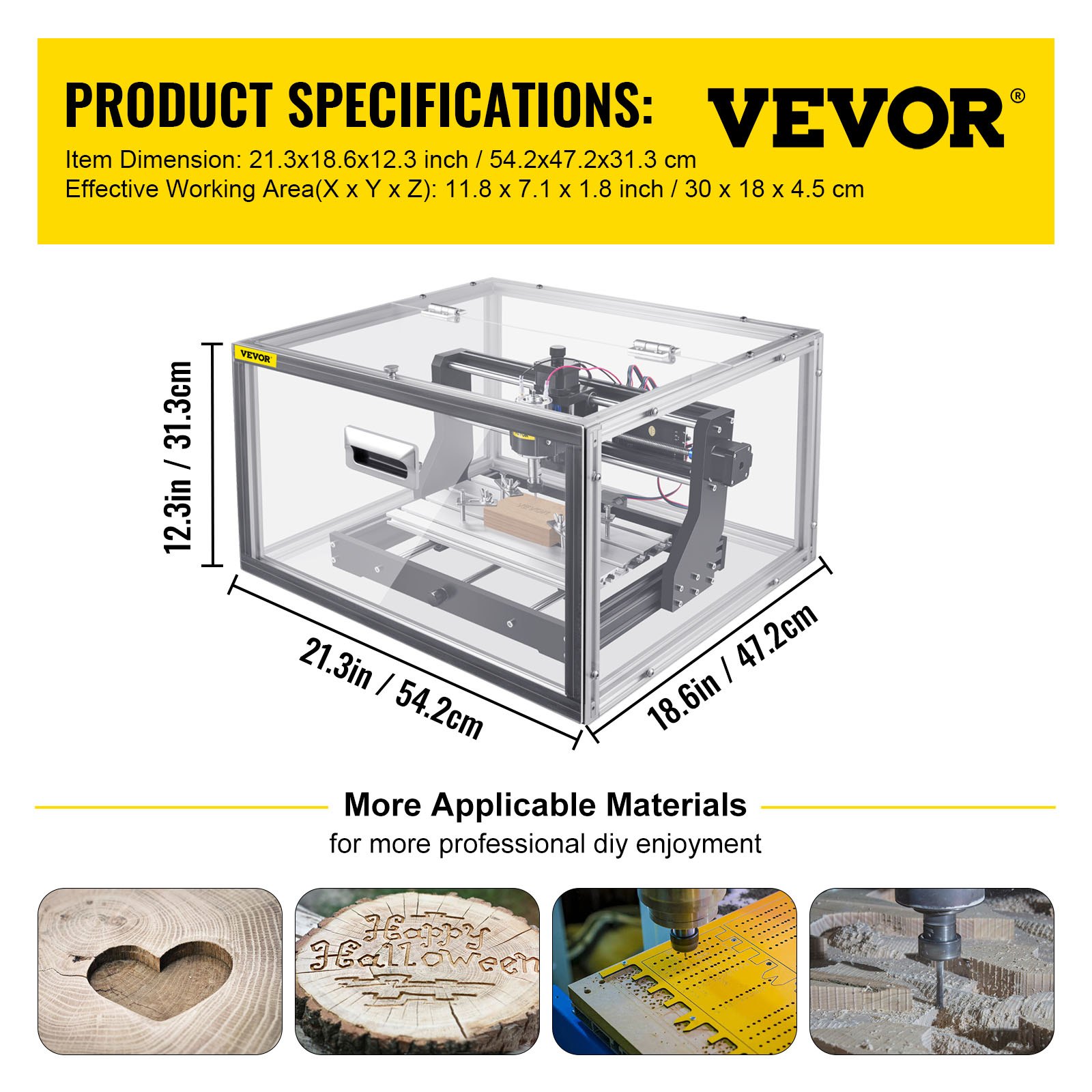 Máquina enrutadora CNC VEVOR con dimensiones y muestras de materiales para proyectos de bricolaje.