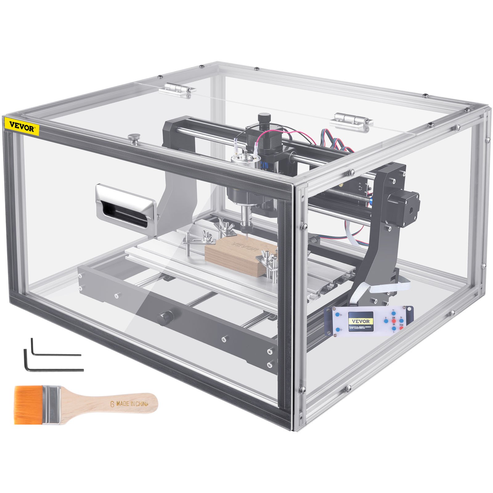 Máquina enrutadora CNC VEVOR en gabinete con juego de herramientas y cepillos.