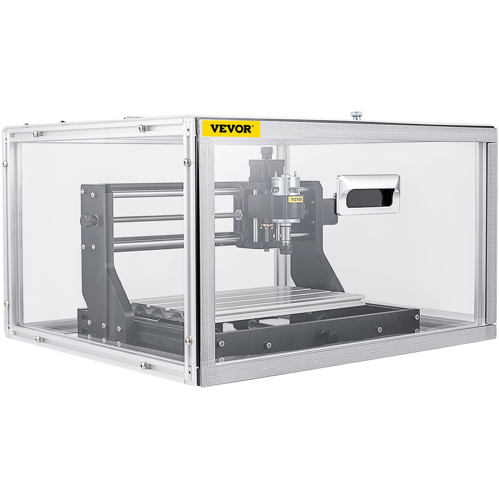 Máquina enrutadora CNC VEVOR en carcasa protectora de acrílico.