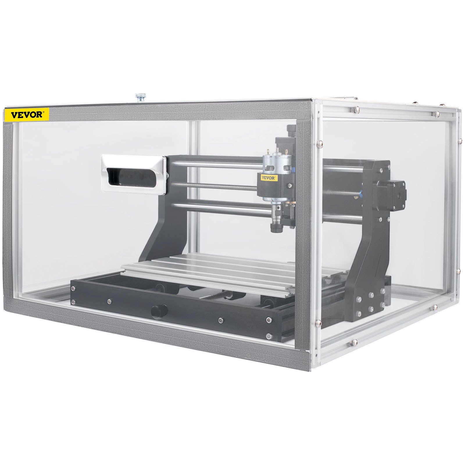 Máquina enrutadora CNC VEVOR dentro de una carcasa protectora transparente.