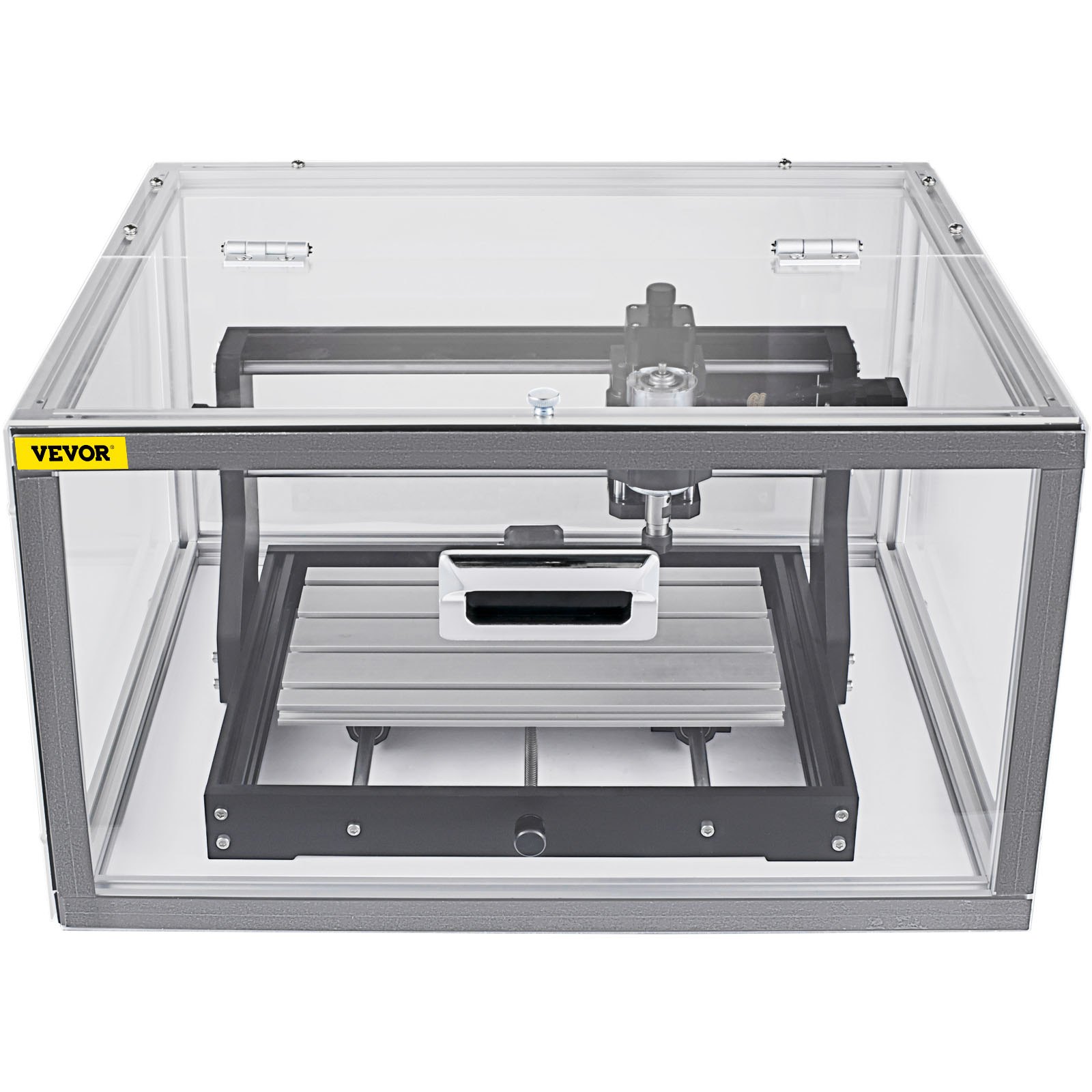 Máquina enrutadora CNC VEVOR con carcasa de acrílico transparente y superficie de trabajo de aluminio.