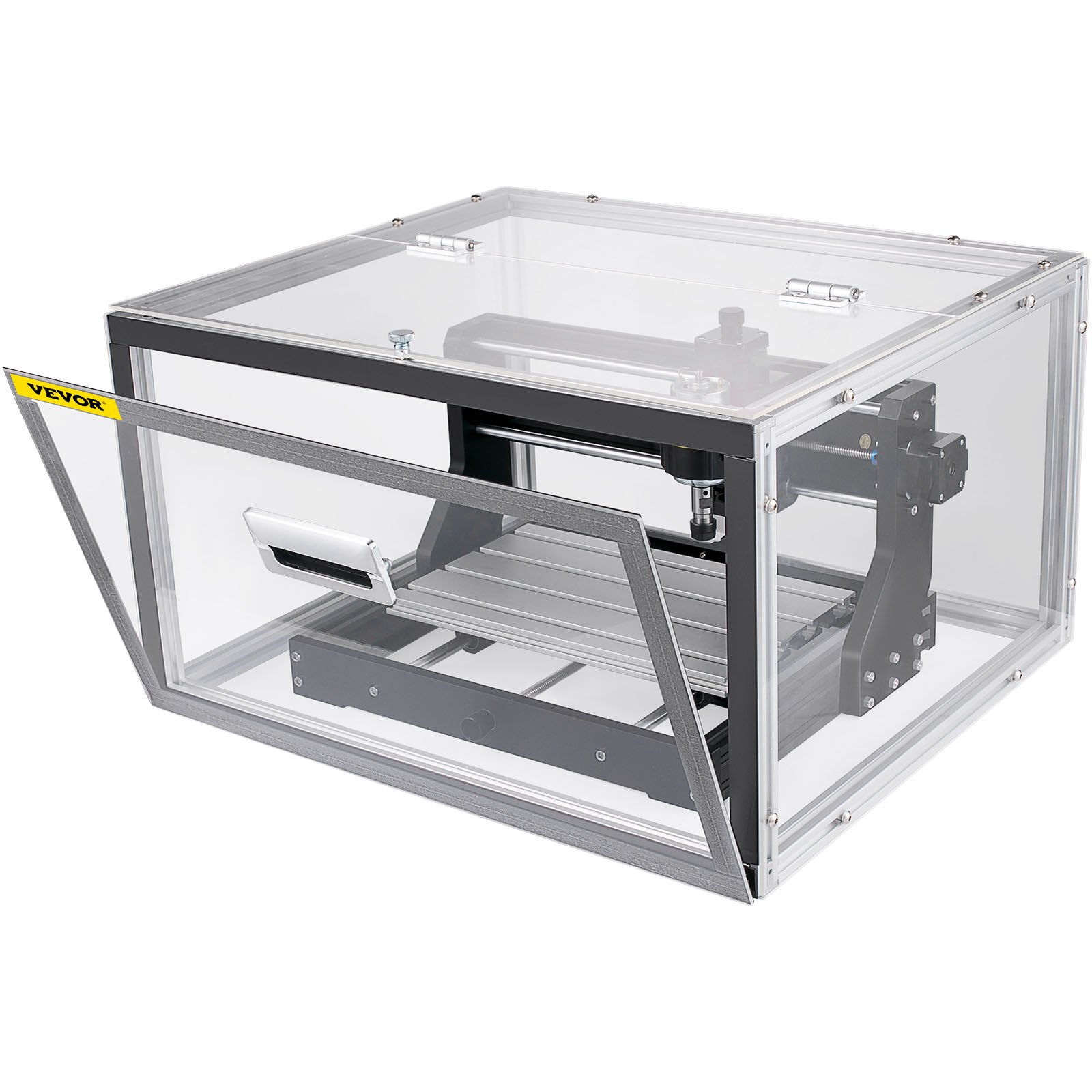 Máquina enrutadora CNC VEVOR con carcasa transparente y puerta frontal abierta.