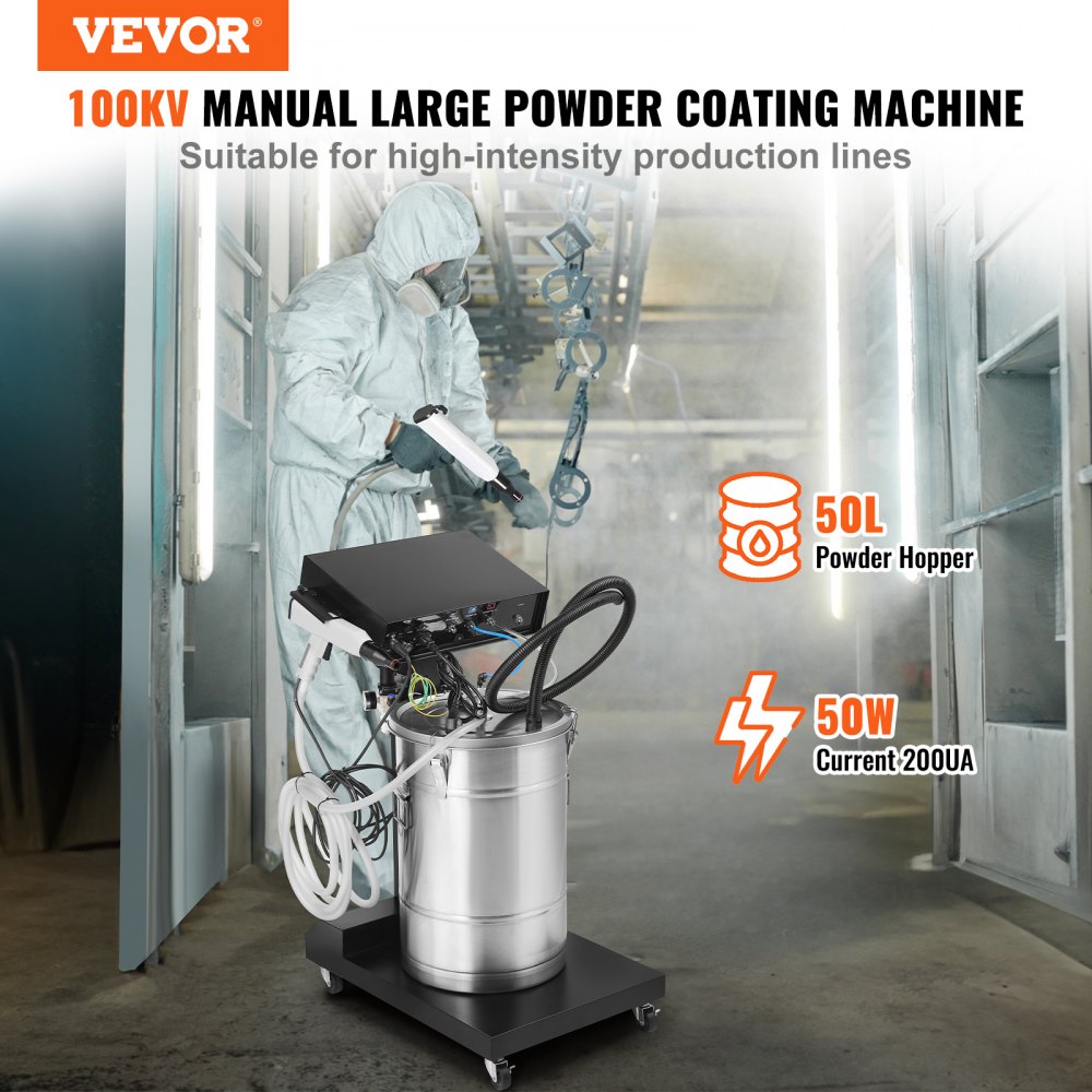 VEVOR Sistema de Recubrimiento en Polvo Kit de Recubrimiento en Polvo de 50 W y 100 kV con salida electrostática y tolva de polvo de 50 l con Pistola Pulverizadora y Base con Carro, 26 kg