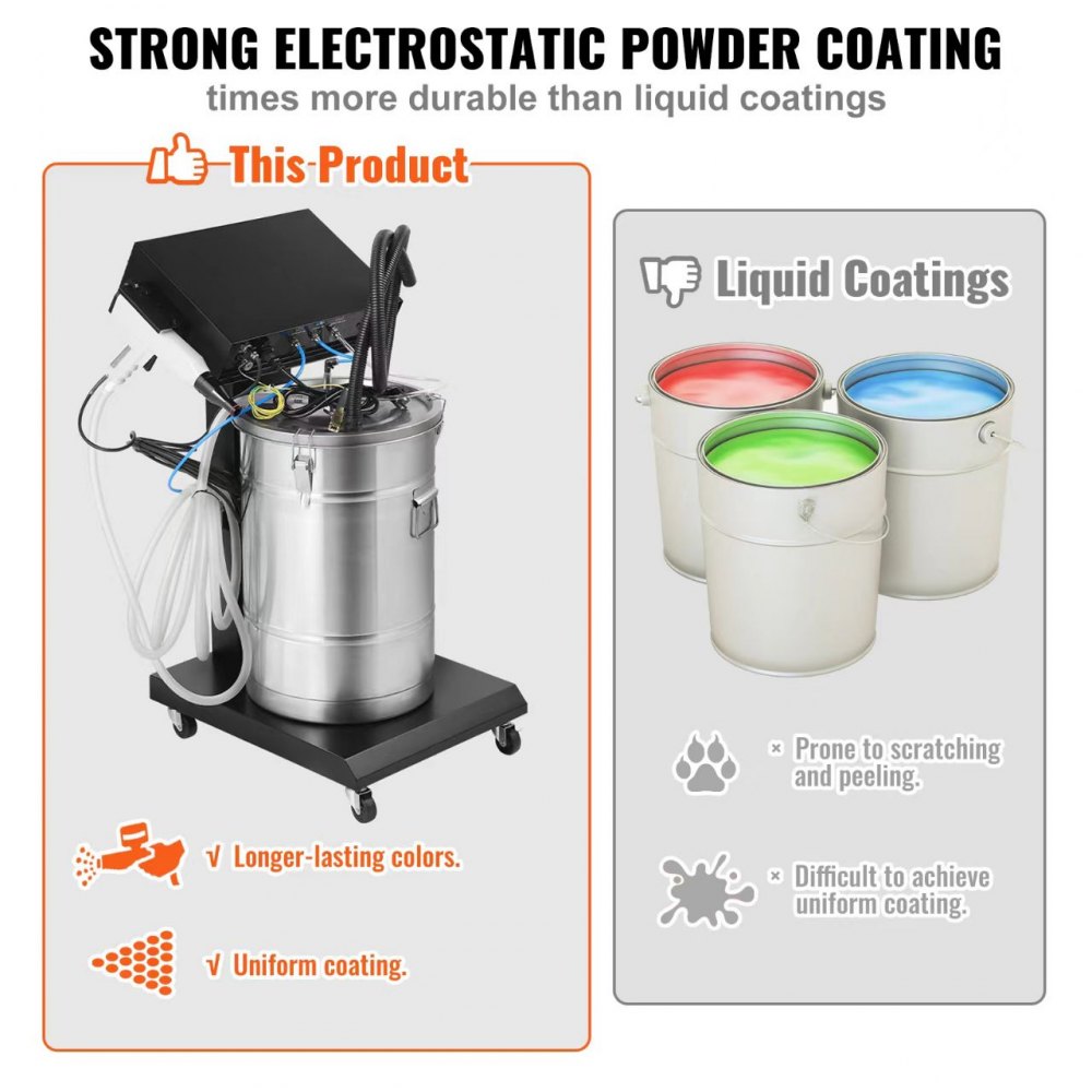 VEVOR Sistema de Recubrimiento en Polvo Kit de Recubrimiento en Polvo de 50 W y 100 kV con salida electrostática y tolva de polvo de 50 l con Pistola Pulverizadora y Base con Carro, 26 kg