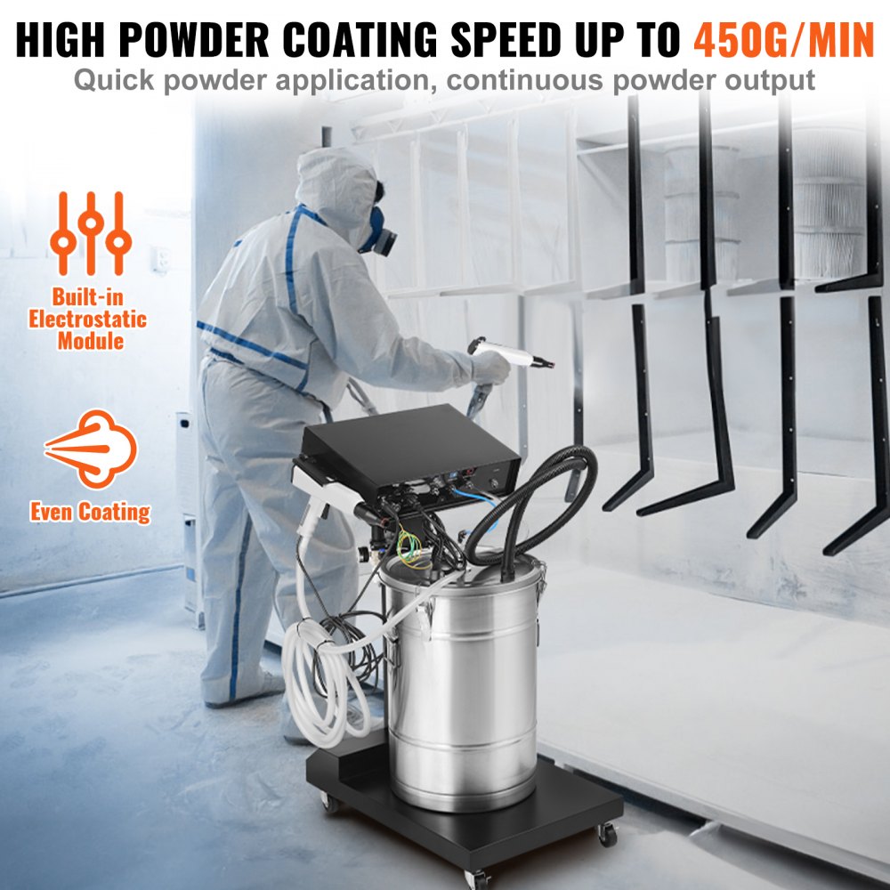 VEVOR Sistema de Recubrimiento en Polvo Kit de Recubrimiento en Polvo de 50 W y 100 kV con salida electrostática y tolva de polvo de 50 l con Pistola Pulverizadora y Base con Carro, 26 kg
