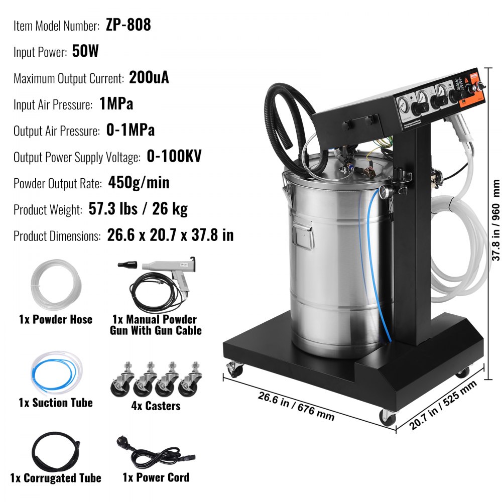 VEVOR Sistema de Recubrimiento en Polvo Kit de Recubrimiento en Polvo de 50 W y 100 kV con salida electrostática y tolva de polvo de 50 l con Pistola Pulverizadora y Base con Carro, 26 kg