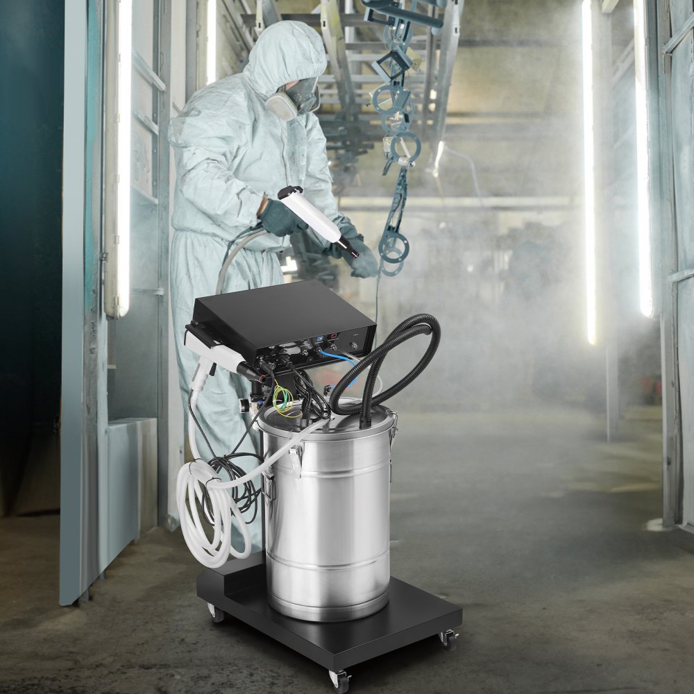 VEVOR Sistema de Recubrimiento en Polvo Kit de Recubrimiento en Polvo de 50 W y 100 kV con salida electrostática y tolva de polvo de 50 l con Pistola Pulverizadora y Base con Carro, 26 kg
