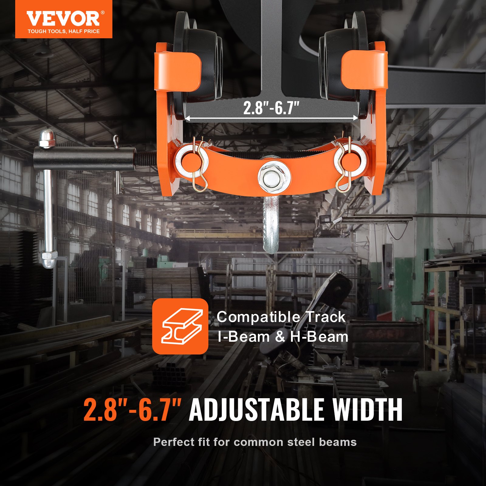 Carro manual VEVOR con ancho ajustable (2,8&quot;-6,7&quot;) sobre rieles compatibles con vigas en I y en H.