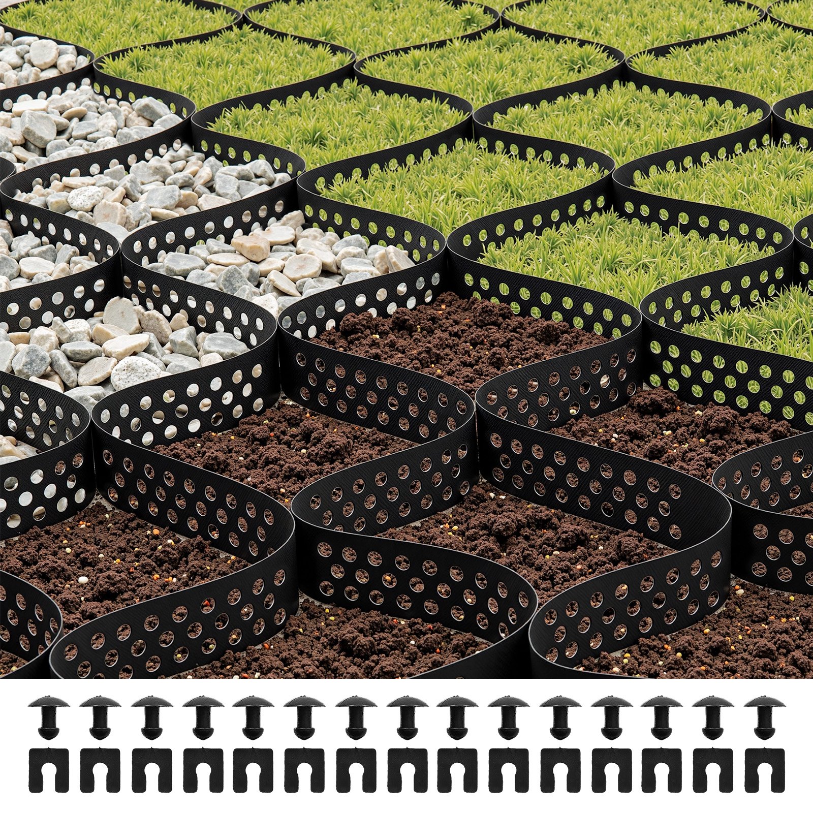 Rejilla de grava VEVOR, 2 pulgadas de profundidad, 32,81 x 9,84 pies (10 000 x 3000 mm), 1880 lb por pie cuadrado. Retenedor de césped, georejilla permeable para estabilización de entradas de vehículos, para jardines, patios, pasarelas y pendientes de estacionamiento de autocaravanas.