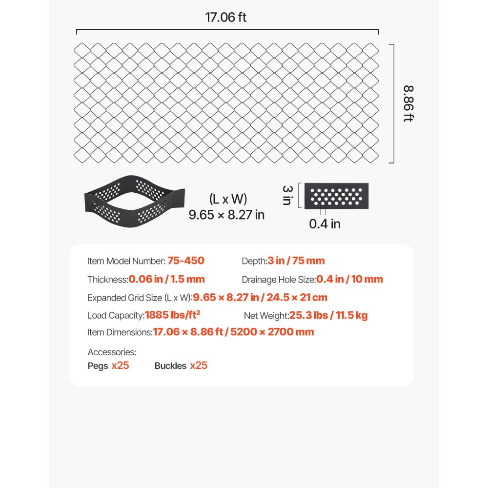 Rejilla de grava VEVOR, 3 pulgadas de profundidad, 17,06 x 8,86 pies (5200 x 2700 mm), 1880 lb por pie cuadrado. Retenedor de césped, georejilla permeable para estabilización de entradas de vehículos, para jardines, patios, pasarelas y pendientes de estacionamiento de vehículos recreativos.