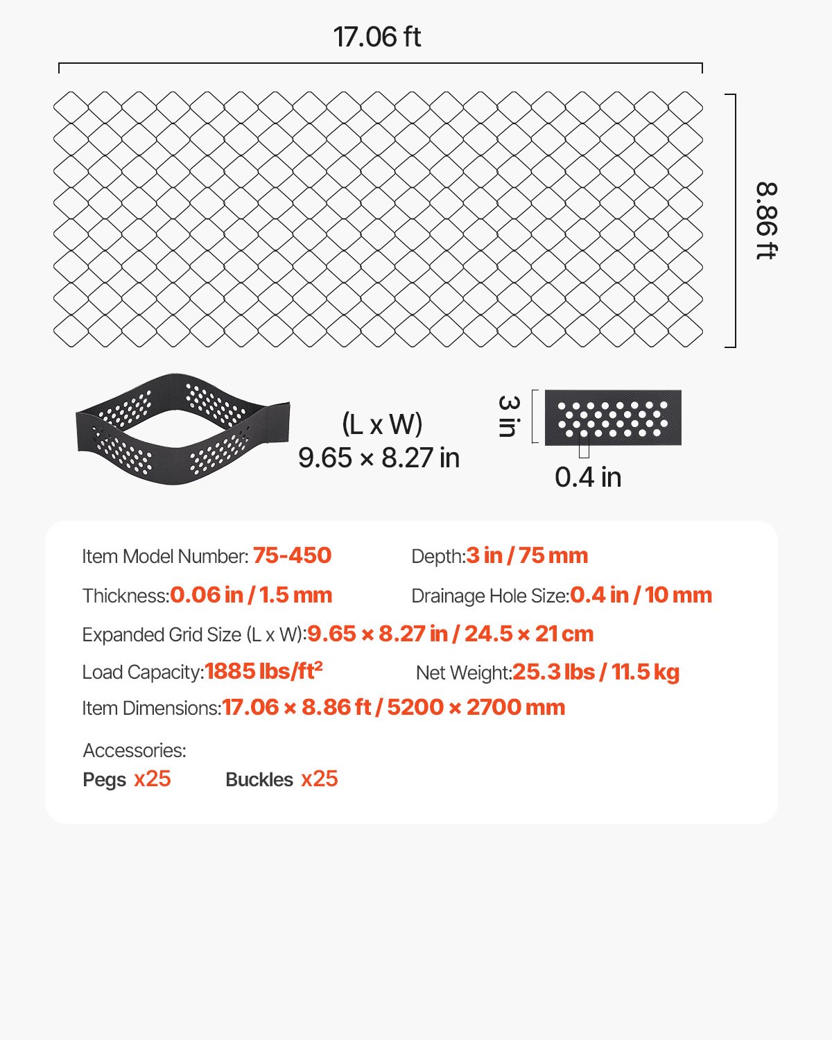 Rejilla de grava VEVOR, 3 pulgadas de profundidad, 17,06 x 8,86 pies (5200 x 2700 mm), 1880 lb por pie cuadrado. Retenedor de césped, georejilla permeable para estabilización de entradas de vehículos, para jardines, patios, pasarelas y pendientes de estacionamiento de vehículos recreativos.