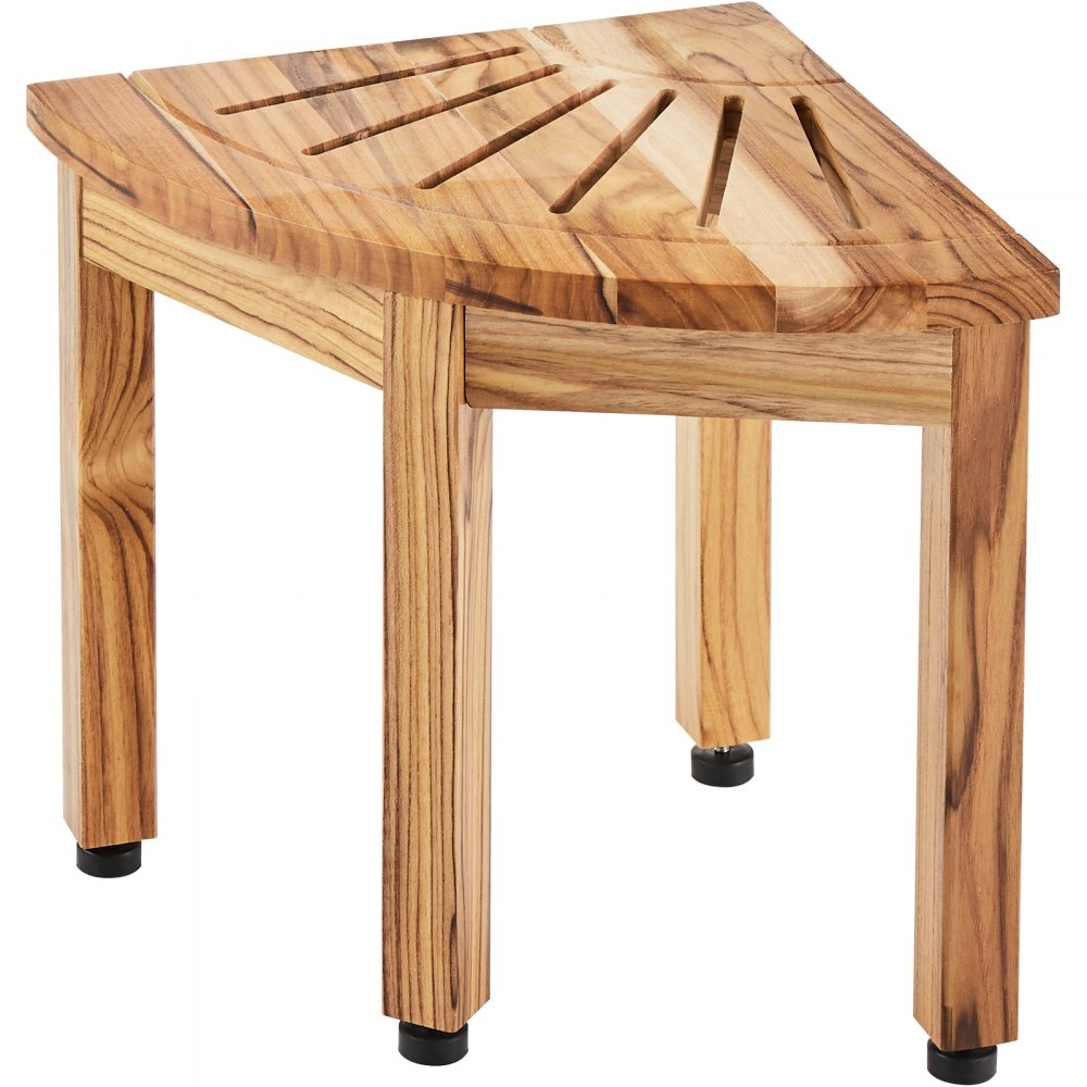 Banco de ducha VEVOR de teca con diseño de esquina y superficie de listones para drenaje de agua y resistentes patas de madera.