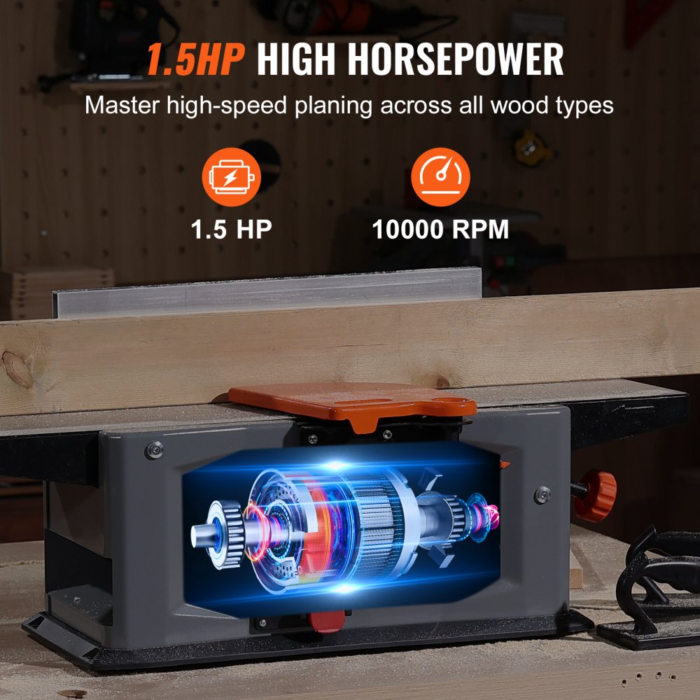 VEVOR Spiral Benchtop Jointer, 6 in, 1.5HP 10000 RPM Bench Top Wood Jointer, with 14-Blade Spiral Cutterhead 0-1/8'' Adjustable Depth 6.1x27.6'' Table, Portable Woodworking Jointer for All Wood Types