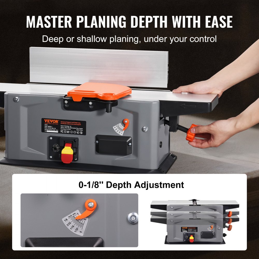 VEVOR Spiral Benchtop Jointer, 6 in, 1.5HP 10000 RPM Bench Top Wood Jointer, with 14-Blade Spiral Cutterhead 0-1/8'' Adjustable Depth 6.1x27.6'' Table, Portable Woodworking Jointer for All Wood Types