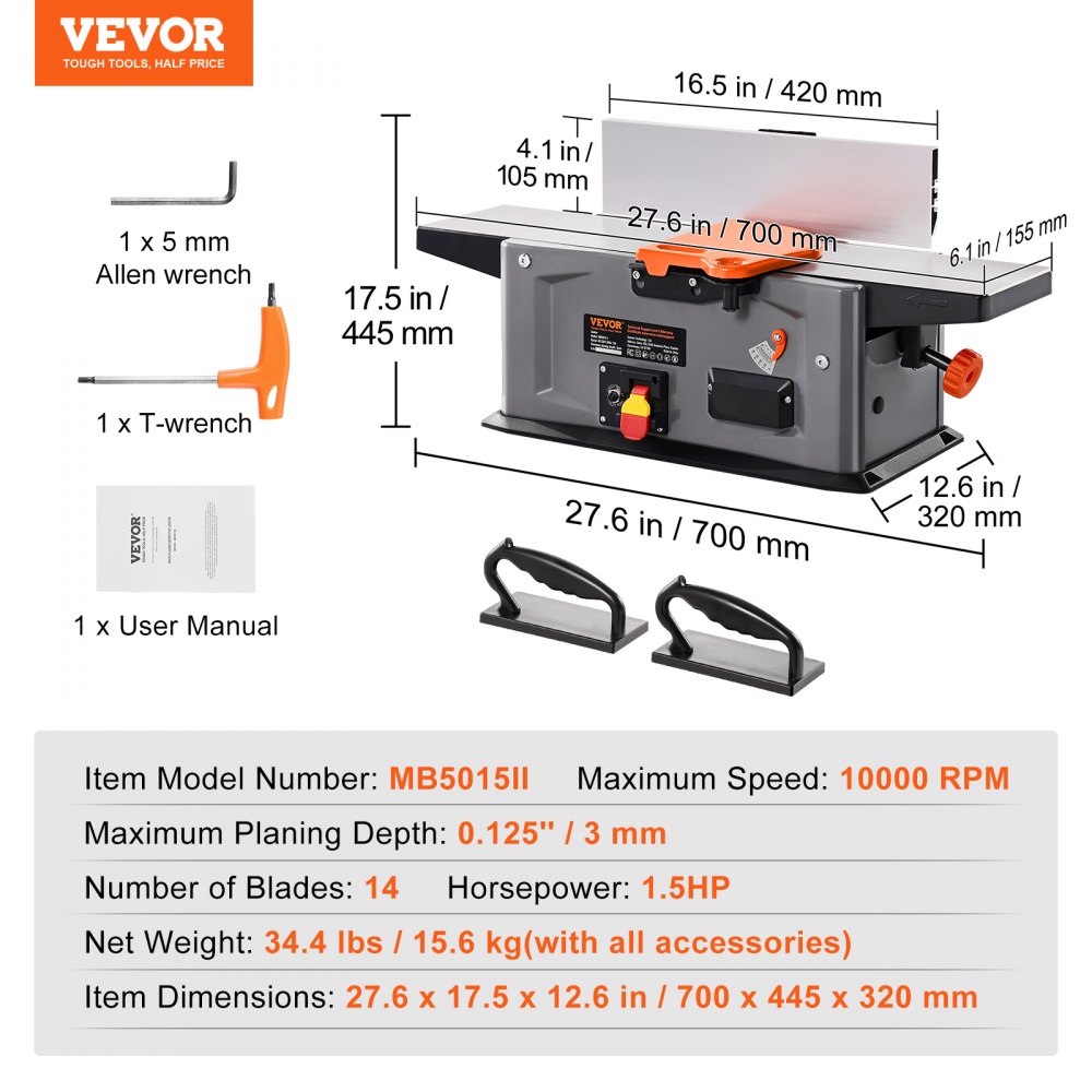 VEVOR Spiral Benchtop Jointer, 6 in, 1.5HP 10000 RPM Bench Top Wood Jointer, with 14-Blade Spiral Cutterhead 0-1/8'' Adjustable Depth 6.1x27.6'' Table, Portable Woodworking Jointer for All Wood Types