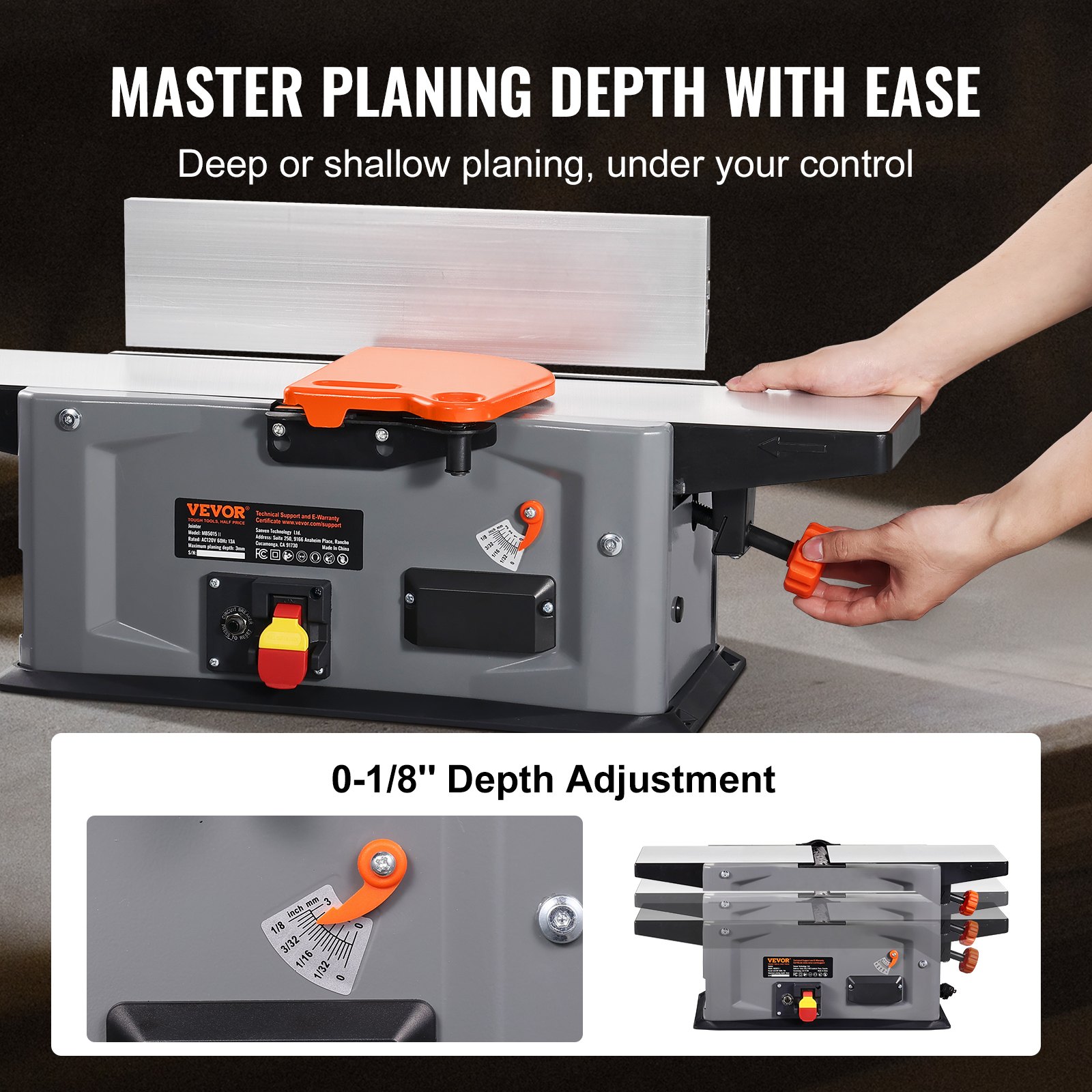 VEVOR Spiral Benchtop Jointer, 6 in, 1.5HP 10000 RPM Bench Top Wood Jointer, with 14-Blade Spiral Cutterhead 0-1/8'' Adjustable Depth 6.1x27.6'' Table, Portable Woodworking Jointer for All Wood Types