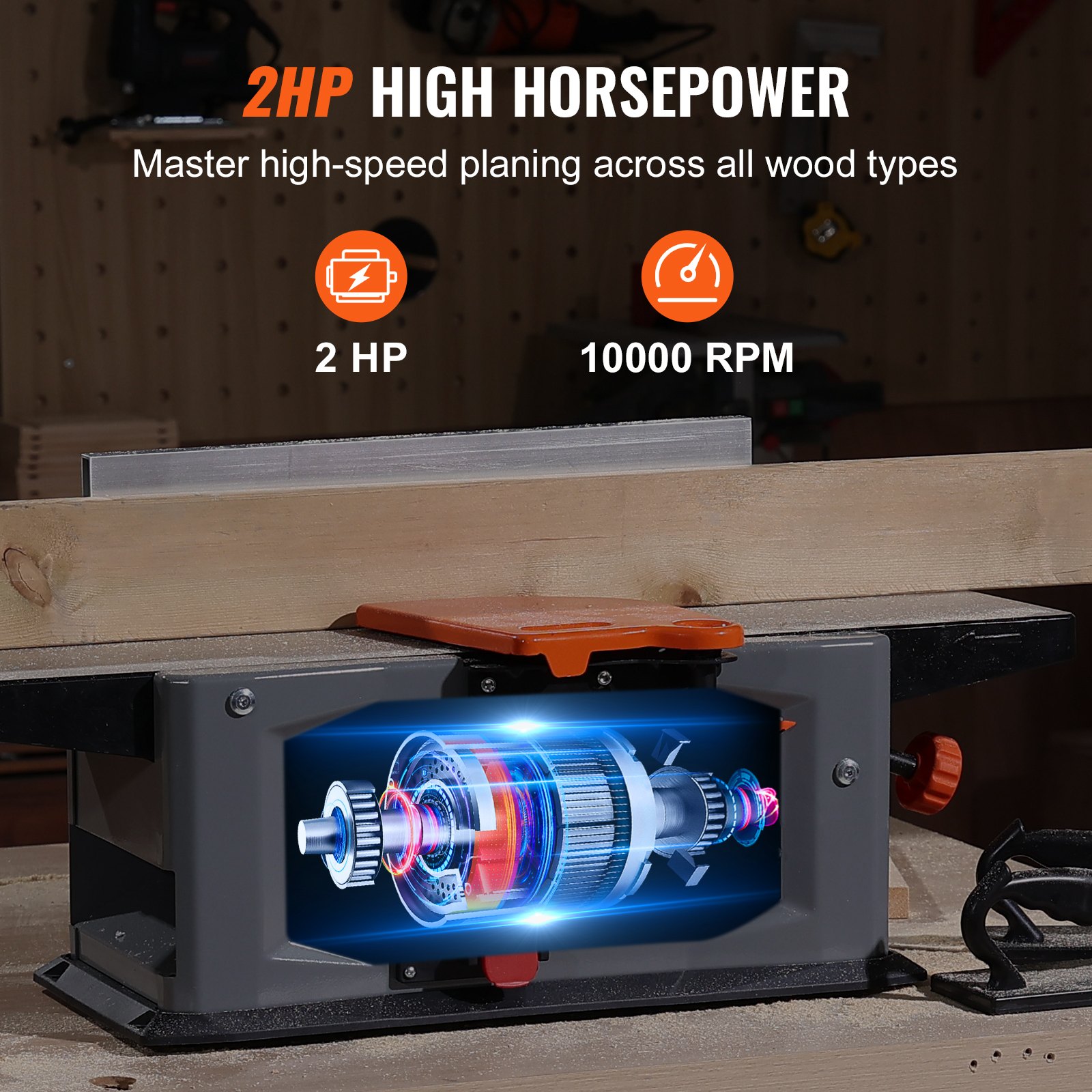 VEVOR Benchtop Spiral Jointer, 8-Inch, 2HP with 10000 RPM, Featuring an 18-Blade Spiral Cutterhead, Extendable Arm to 6.5'', and a 8x42.3'' Worktable with 0-1/8'' Depth Adjustment for Woodcraft