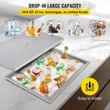 VEVOR Drop in Ice Chest 20.5''L x 13.5''W x 12.2''H con tapa 304 Acero inoxidable Drop in Cooler incluido Tubo de drenaje y tapón de drenaje Drop in Ice Bin para cerveza de vino frío