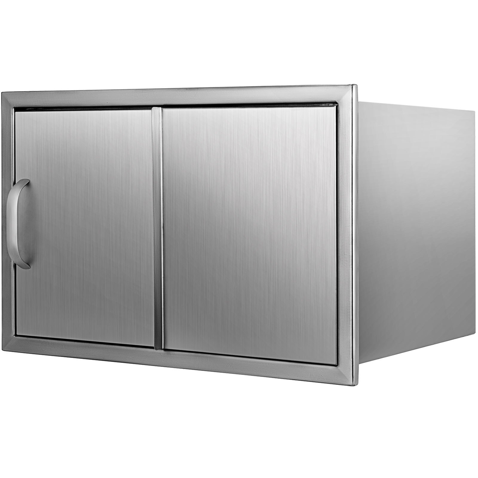 Hielera VEVOR de acero inoxidable color plata con puertas dobles y asa lateral.