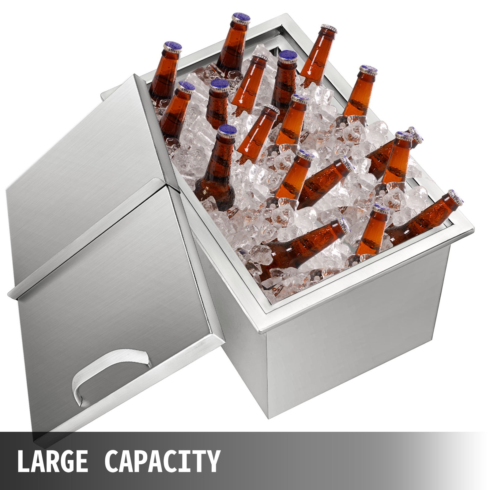 Hielera VEVOR con tapa abatible, llena de hielo y botellas de cerveza, de gran capacidad.