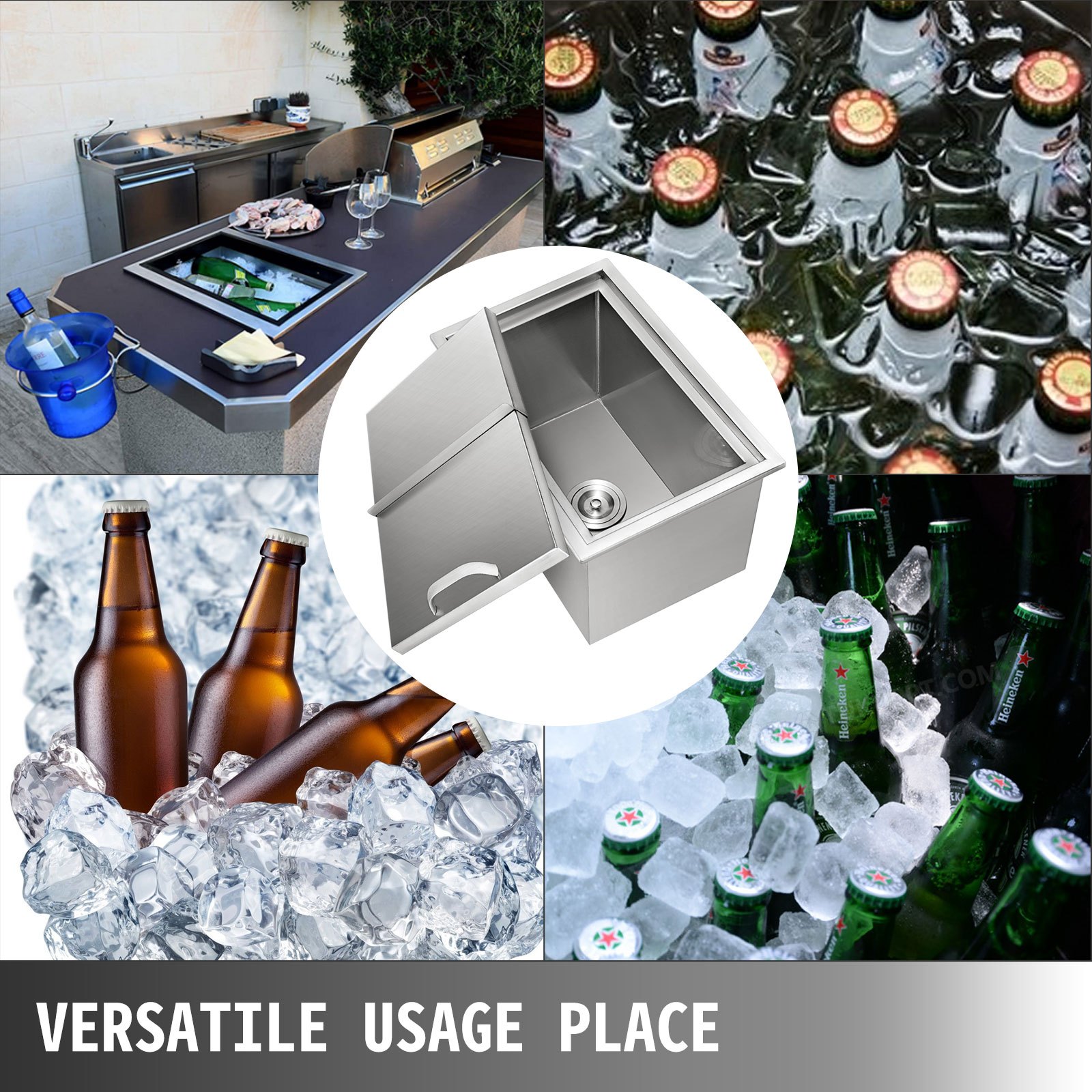 Cocina al aire libre con hielera VEVOR rodeada de bebidas heladas y cervezas.