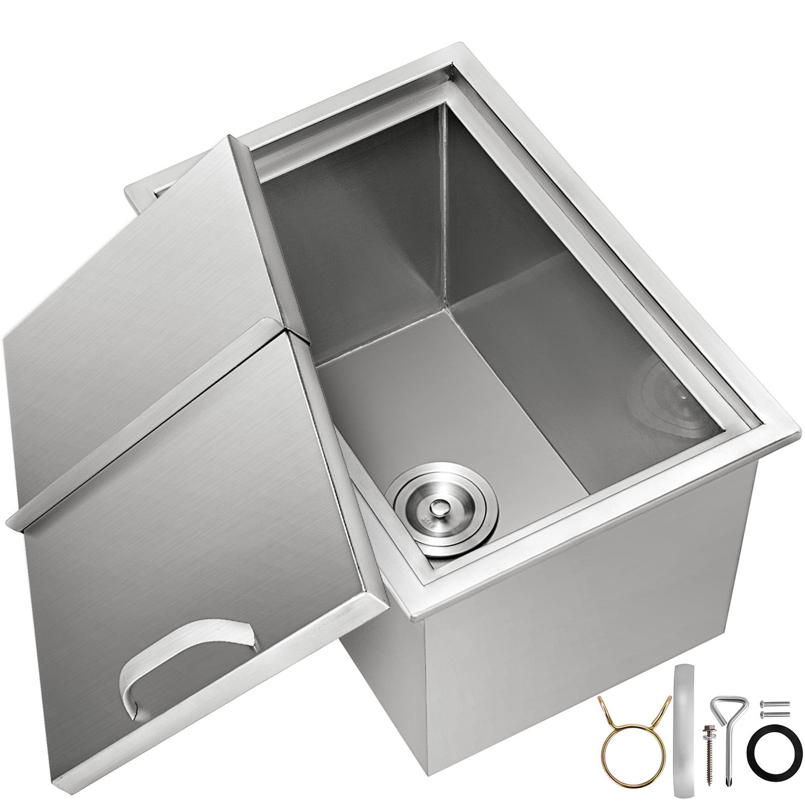 Hielera empotrable VEVOR con tapa abatible y accesorios de instalación incluidos.