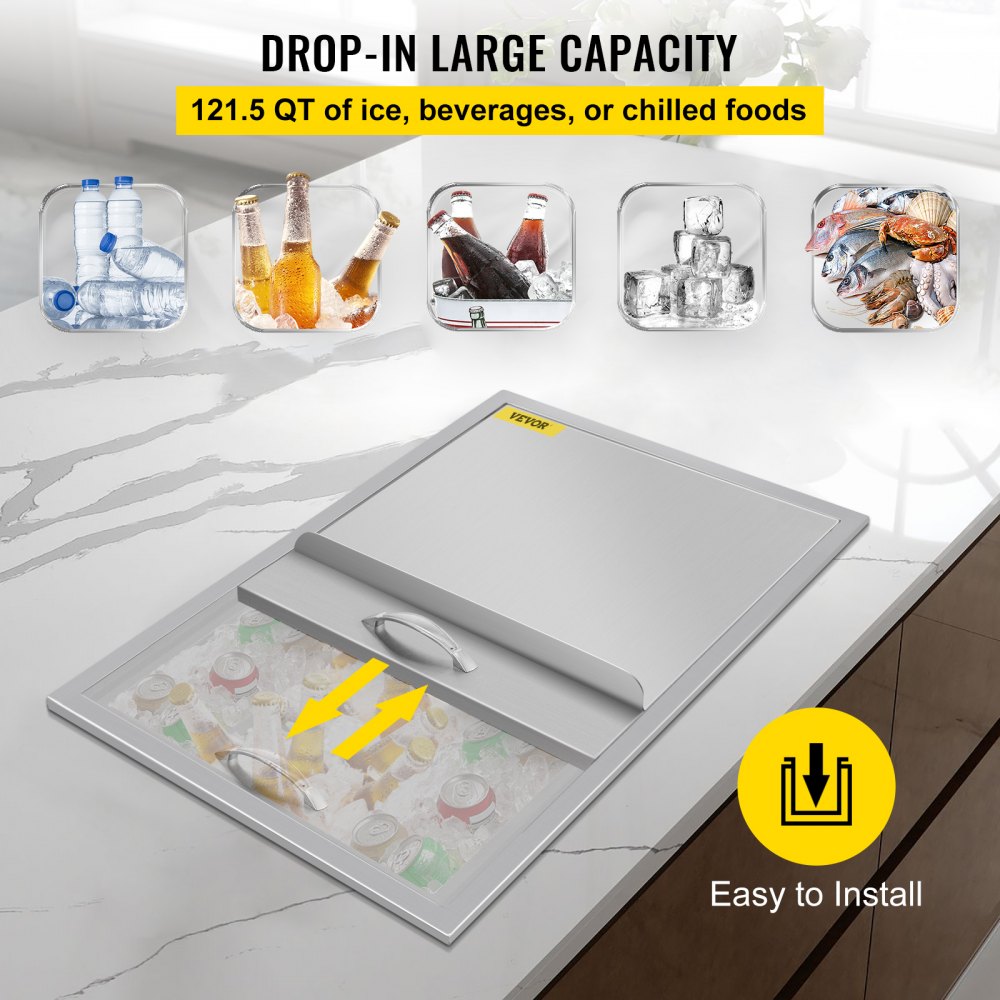 Hielera empotrable VEVOR con gran capacidad de 121,5 qt, fácil de instalar sobre una encimera.