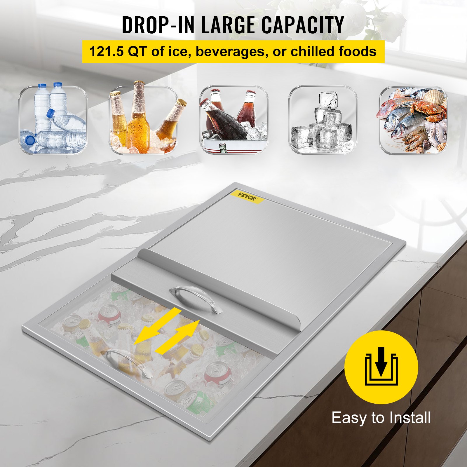 Hielera empotrable VEVOR con gran capacidad de 121,5 qt, fácil de instalar sobre una encimera.