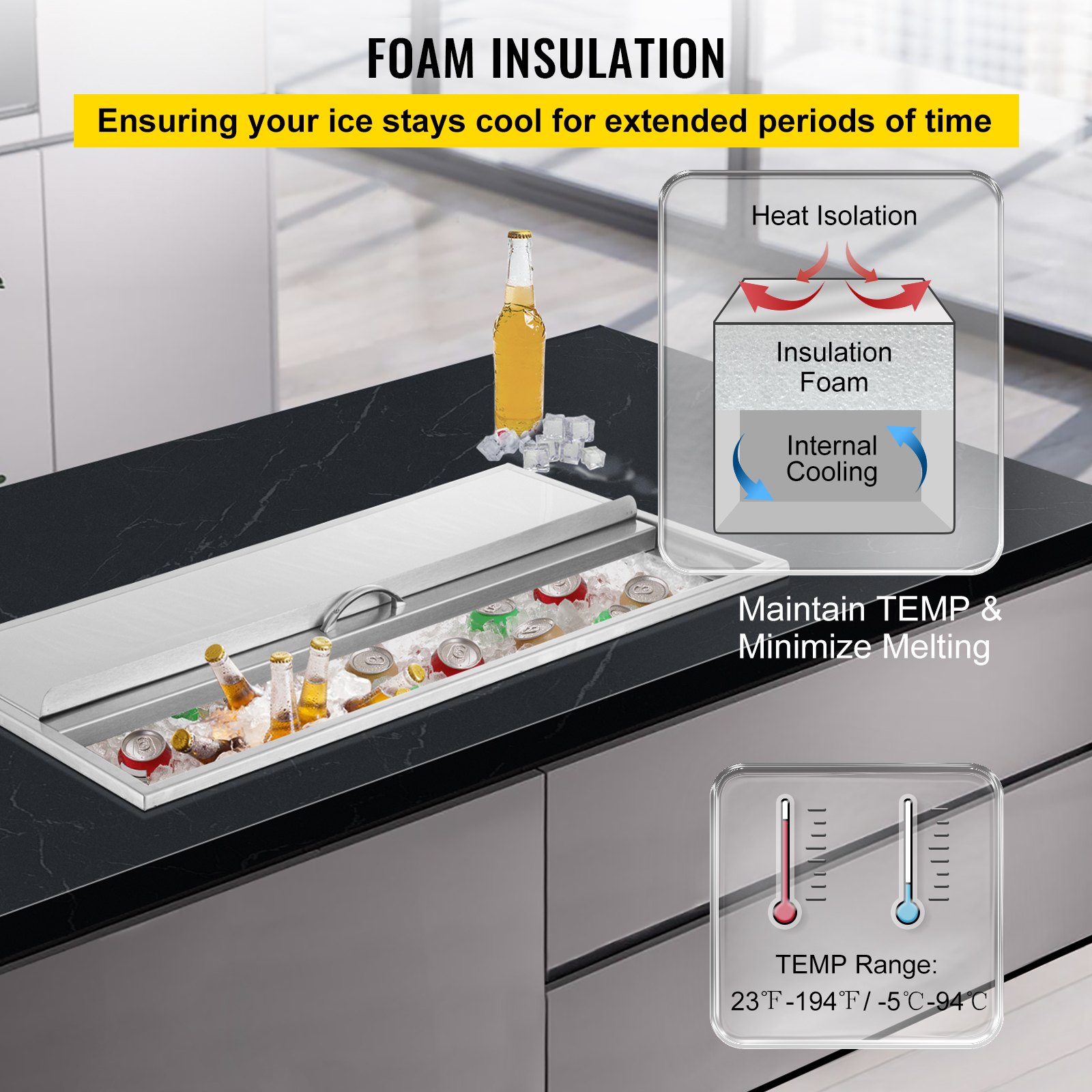 Hielera de acero inoxidable VEVOR sobre encimera con aislamiento de espuma, botellas y cubitos de hielo.