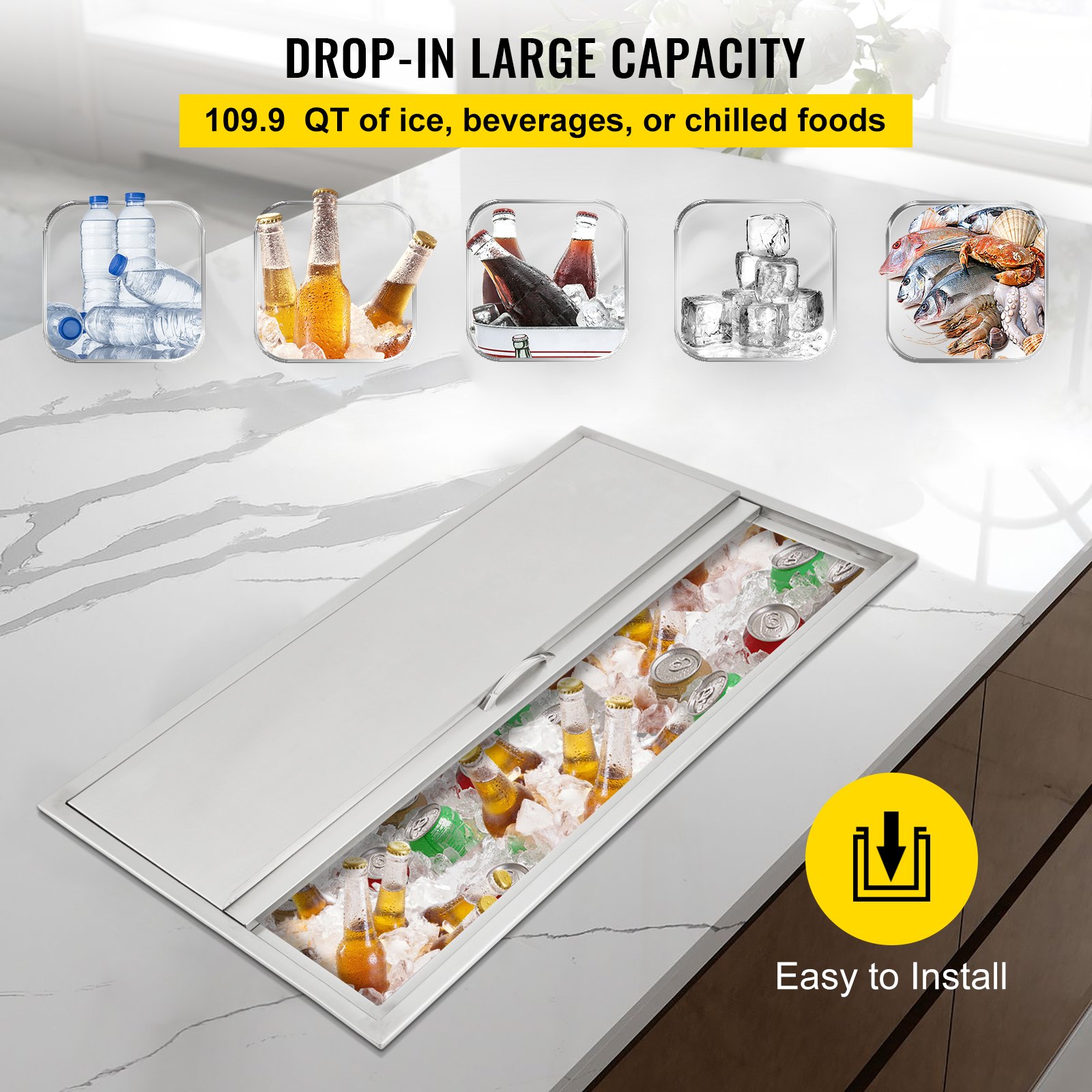 Hielera de acero inoxidable VEVOR con gran capacidad para bebidas y fácil instalación.