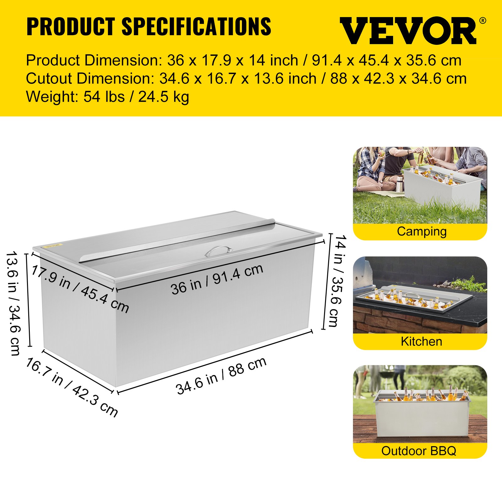 Dimensiones y opciones de uso de la hielera de acero inoxidable VEVOR para camping, cocina, barbacoa.