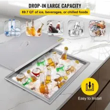 VEVOR Drop In Ice Chest 21.2L x 16.8W x 17.6H pulgadas con tapa Enfriador de hielo de acero inoxidable incluido Tubo de drenaje y tapón de drenaje Drop In Ice Bin Cocina al aire libre para bebidas de vino frío