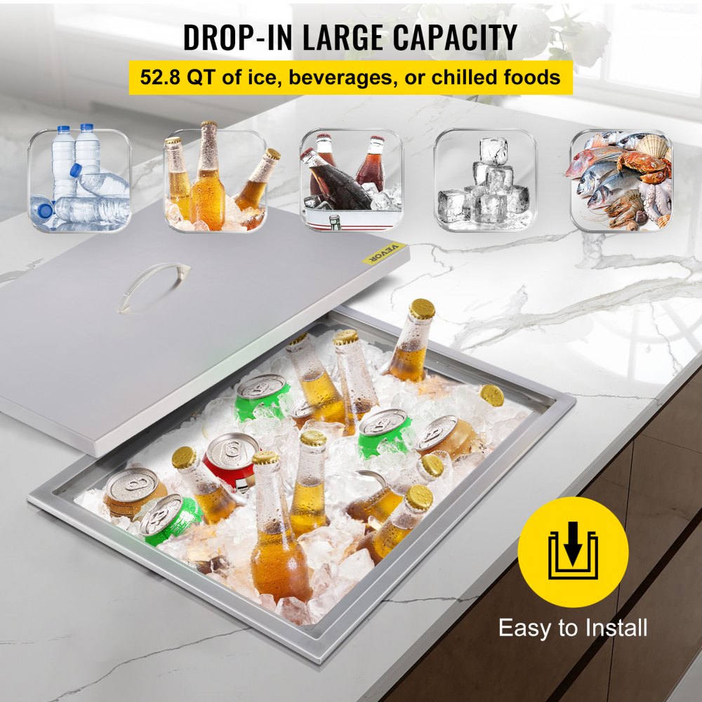 Hielera empotrable VEVOR para bebidas con gran capacidad y fácil instalación.