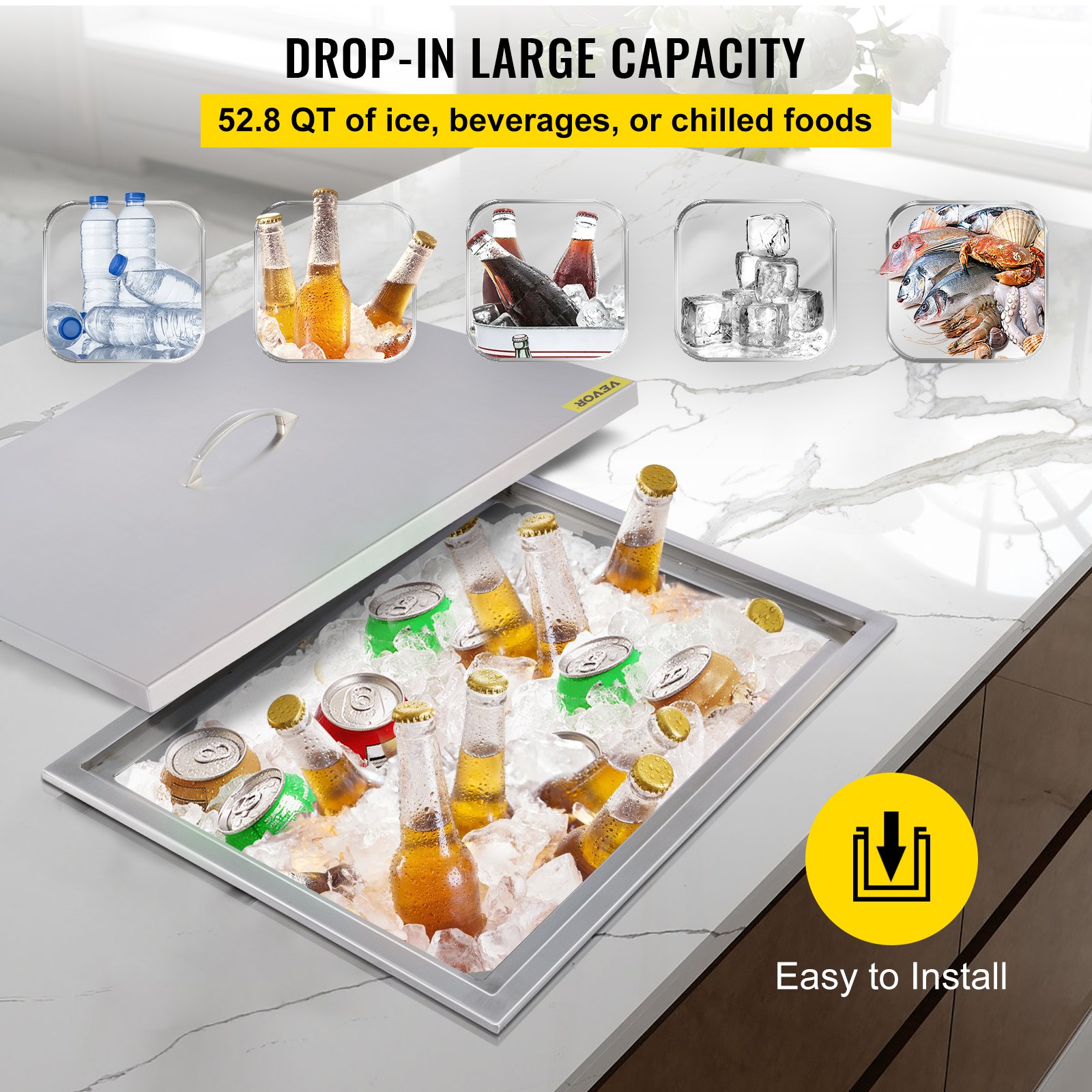 Hielera empotrable VEVOR para bebidas con gran capacidad y fácil instalación.
