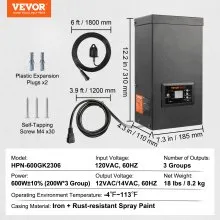 VEVOR Transformador de paisaje de bajo voltaje de 600 W con temporizador y sensor de fotocélula, transformador de iluminación de paisaje impermeable, 120 V CA a 12 V/14 V CA para exteriores, foco, luz de camino, luz de piscina, ETL