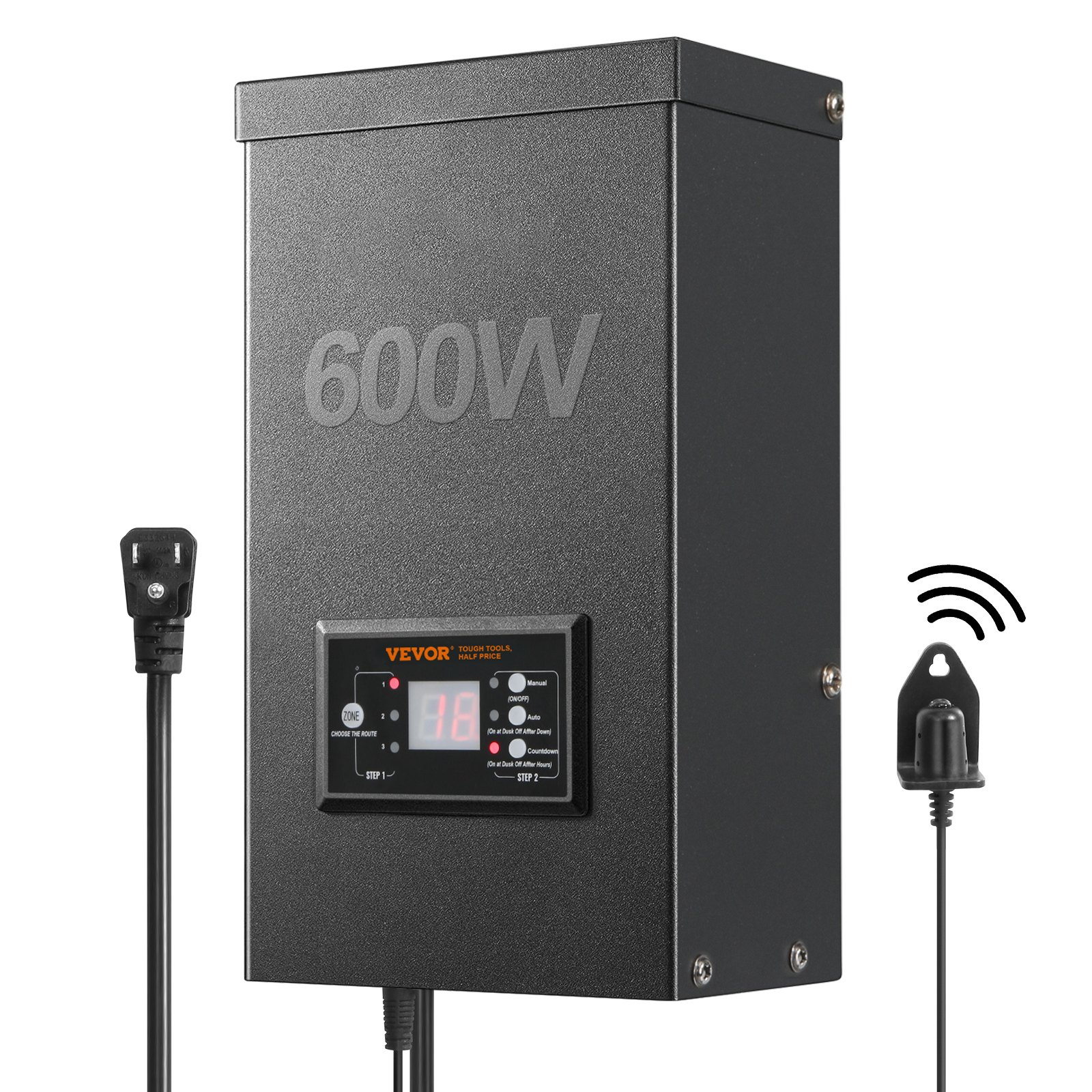 Transformador de paisaje VEVOR de 600 W, equipado con temporizador y sensor de fotocélula, convertidor de iluminación exterior resistente a la intemperie, 120 V CA a 12 V/14 V CA, ideal para exteriores, focos, caminos, iluminación de piscinas, certificación ETL