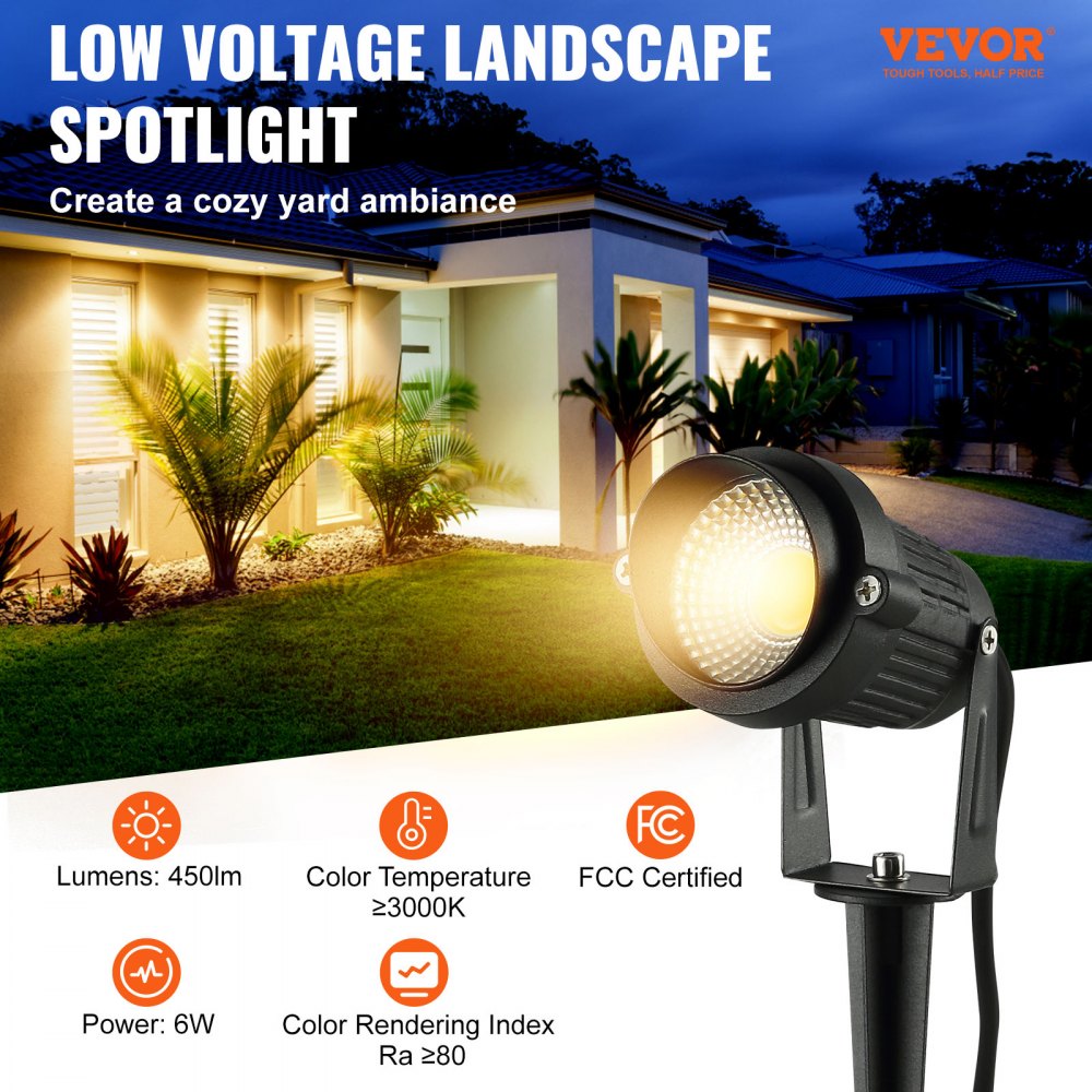 VEVOR Iluminación de paisaje, luces LED de bajo voltaje de 6 W, IP66 impermeables, focos de paisaje, patio, césped, jardín, camino, luces exteriores, 12 V, 24 V, 450 lm, blanco cálido, 3000 K (paquete de 12 con conectores)